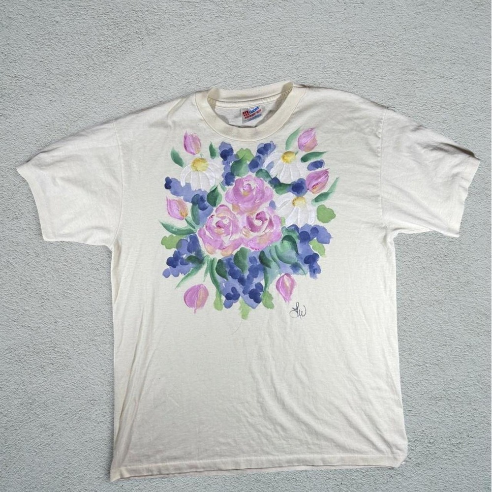 1990s Vintage Floral Watercolor Hand-Painted T-Shirt